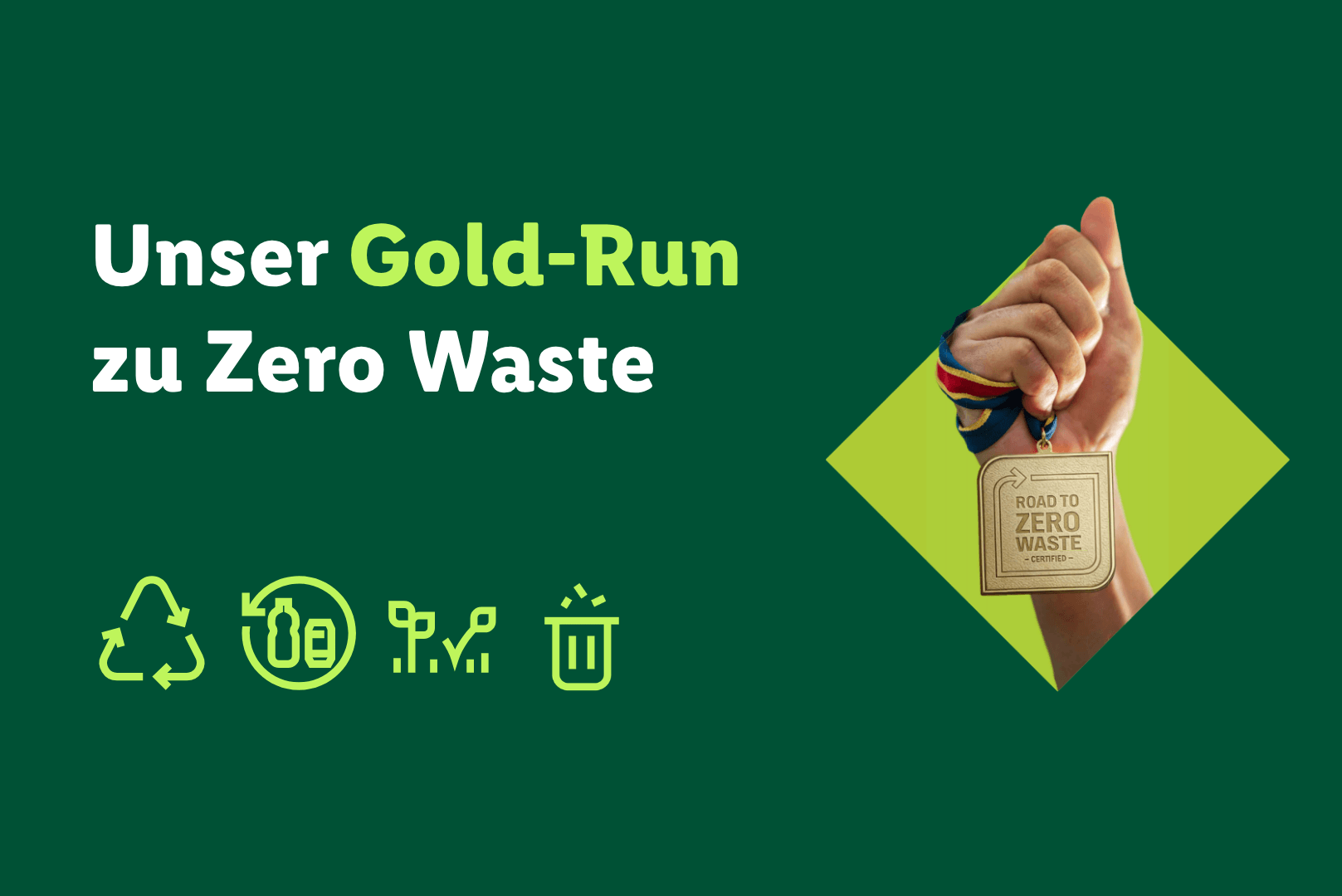 „Unser Gold-Run zu Zero Waste“ von Lidl Schweiz mit Hand, Goldmedaille und Nachhaltigkeits-Icons.