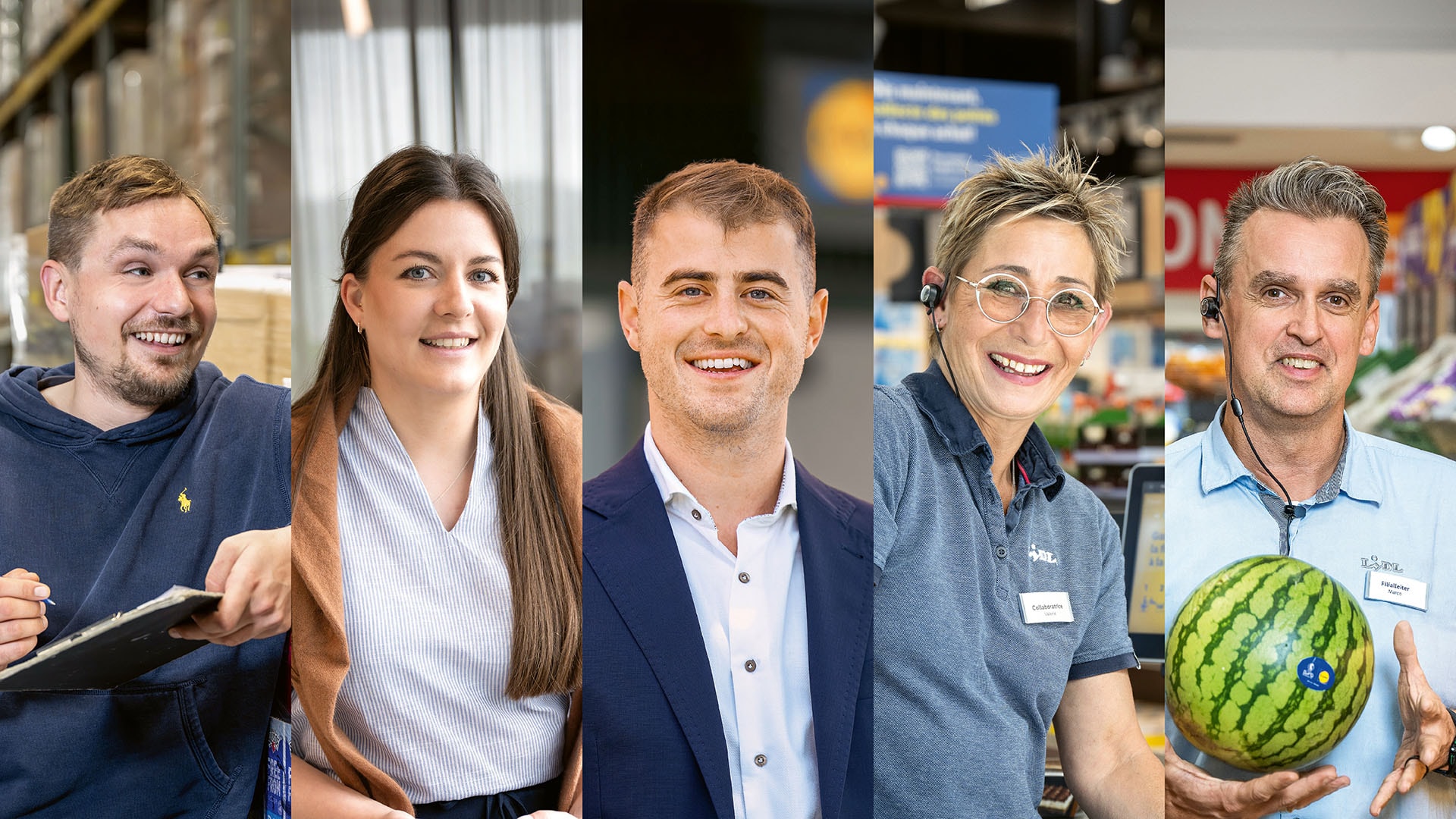 Collage aus 5 Lidl Mitarbeiter und Mitarbeiterinnen.