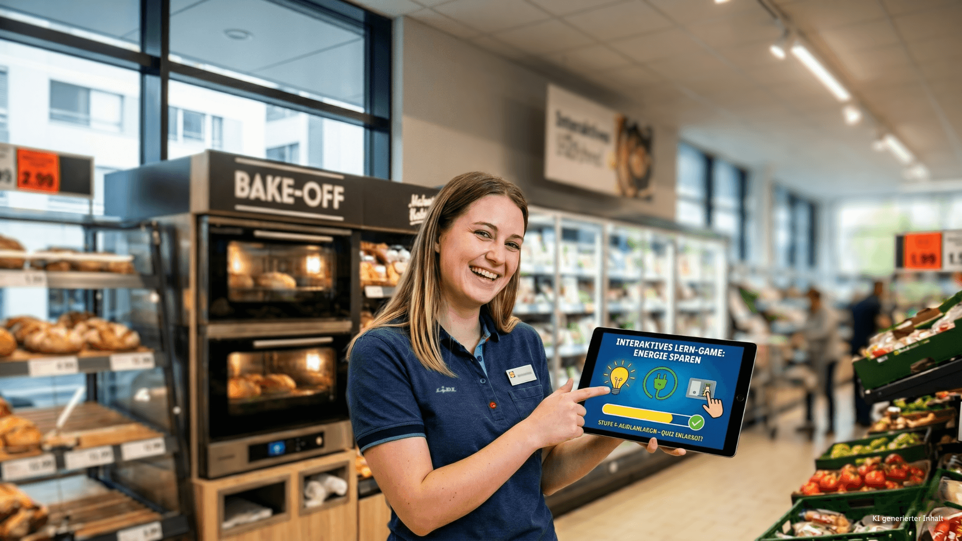 Eine lächelnde Lidl Schweiz Mitarbeiterin hält ein Tablet mit einem interaktiven Lern-Game zum Energiesparen.